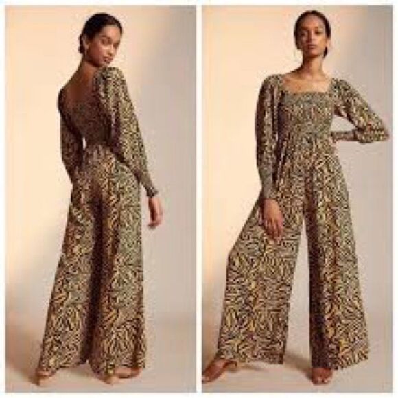 KACHEL X ANTHROPOLOGIE Tiger Stripe Square Neck Smocked Wide Leg Jumpsuit size 4 - Picture 1 of 9